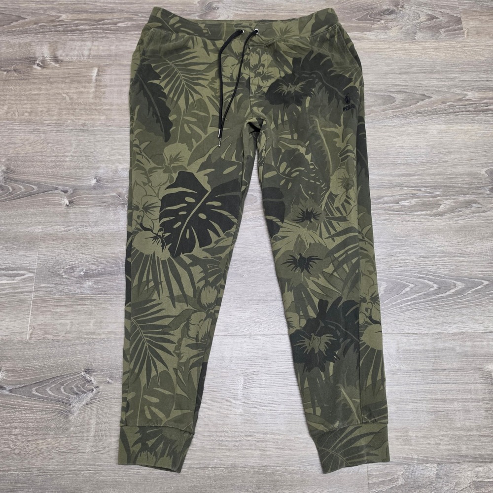 Polo Ralph Lauren Mens Large Olive Green Tropical Floral Monstera Jogger Pants